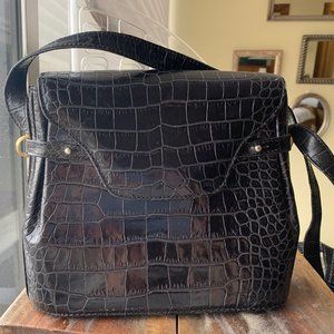 Bally black leather croc embossed shoulder bag